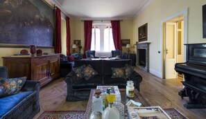 TV, fireplace, books