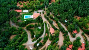 Vista aérea de un complejo turístico con varias construcciones, caminos sinuosos y abundante vegetación.