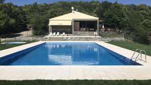 Una piscina con un patio techado, escalones de piedra y vistas a una zona boscosa.