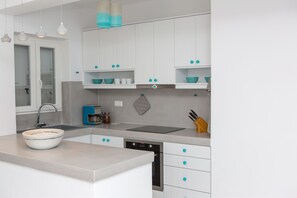 Kjøleskap, ovn, kokeplater og kaffetrakter/tekoker