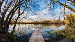 A wooden dock extending into a calm lake surrounded by trees. - Kivikoski riverside cottage in Pyhtää for 5-8 people (Pyhtää)