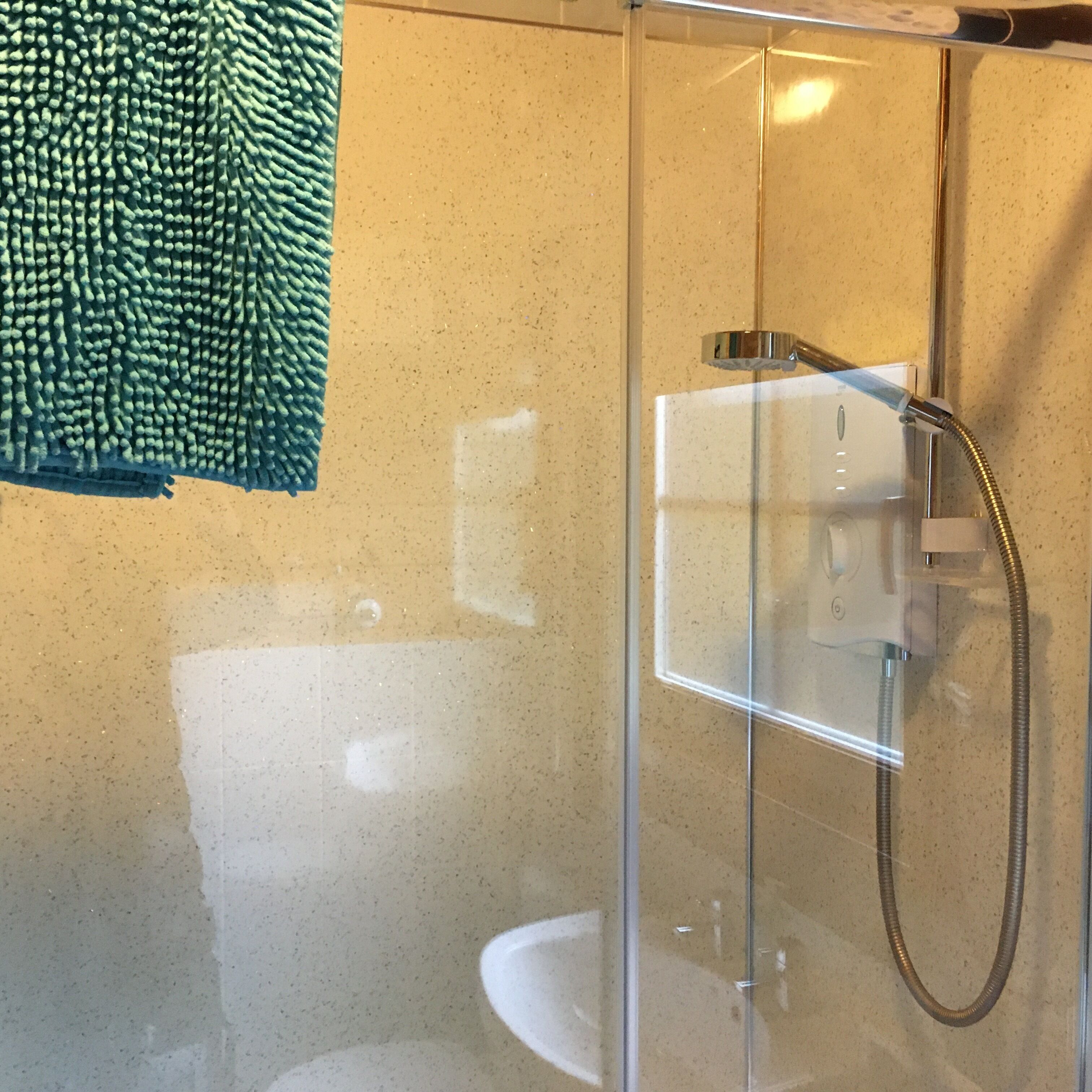Shower, hair dryer, soap