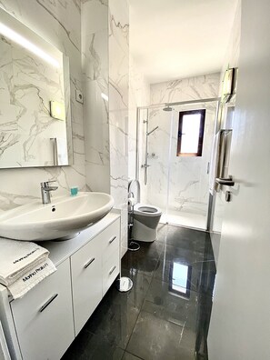 Secadora de cabello, toallas, papel de baño 