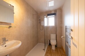 Combined shower/bathtub, hair dryer, towels, toilet paper