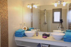 Combined shower/tub, eco-friendly toiletries, hair dryer, bidet