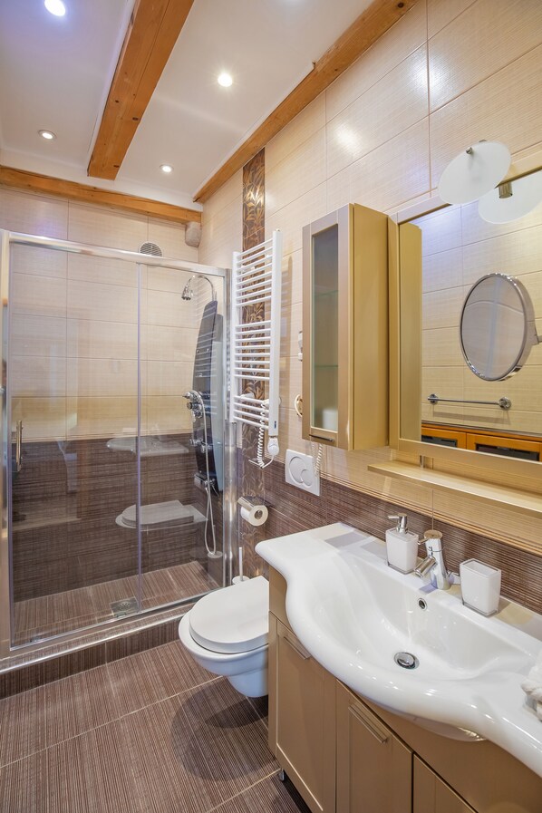 Douche, séchoir à cheveux, serviettes fournies, savon