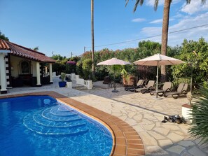 Relax by the serene pool surrounded by lush greenery and palm trees.