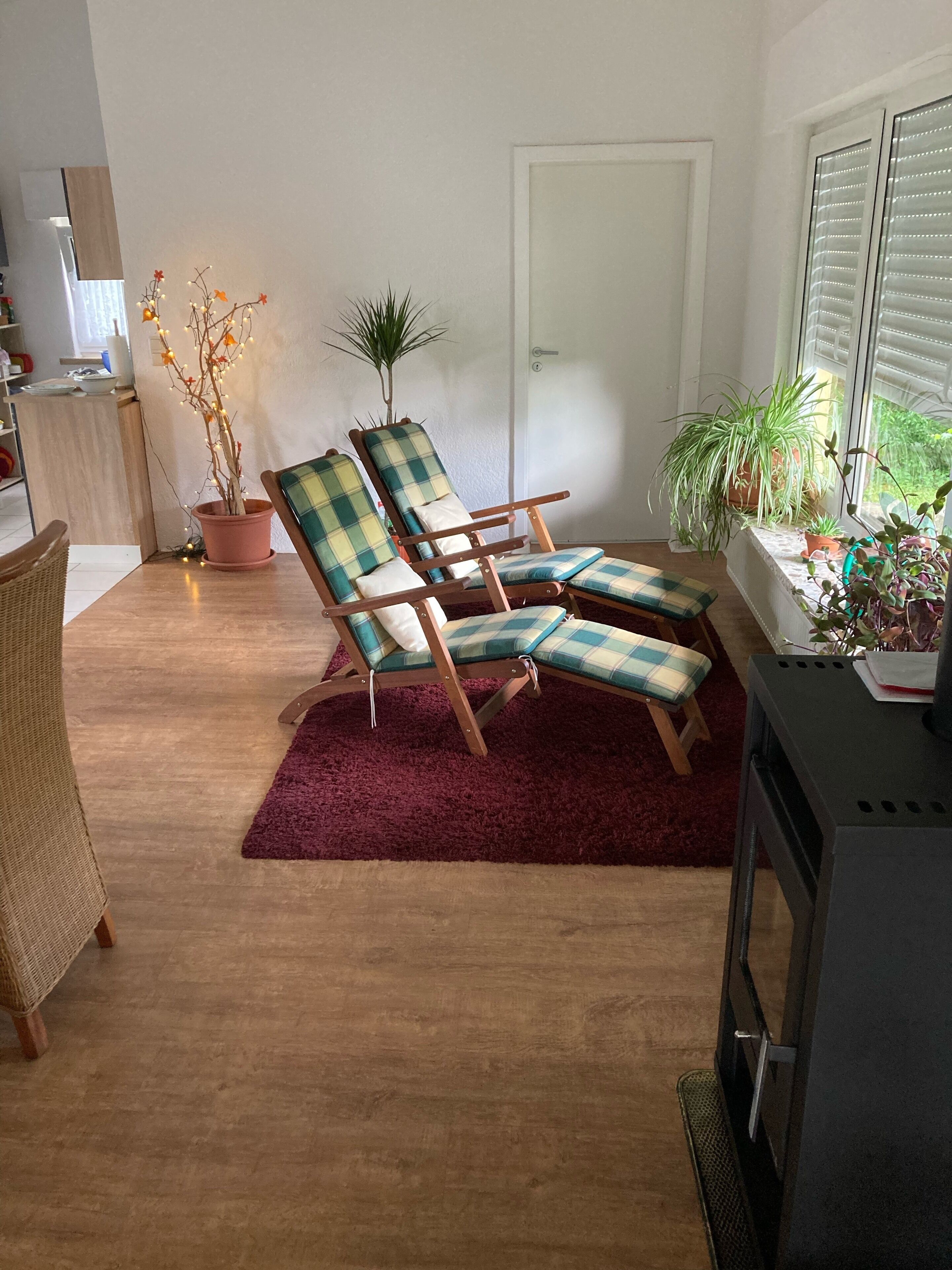 Ein Wohnzimmer mit Holzboden, einem roten Teppich, zwei karierten Sessel, einem kleinen Tisch, einer Topfpflanze und einem Kamin.