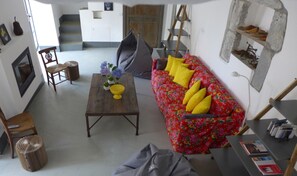 TV, fireplace, DVD player, books