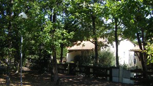 A courtyard with a gazebo, surrounded by trees and a fence.