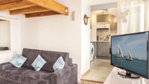 A living room with a grey sofa, a flat-screen TV, and a kitchen in the background. - Studio, quiet, charming, in the heart of the old town just steps from everything (Antibes)