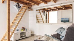 A room with a wooden ceiling, a white cabinet, a gray sofa, and a television on a stand. - Studio, quiet, charming, in the heart of the old town just steps from everything (Antibes)