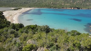 A coastal landscape with a sandy beach, clear turquoise waters, and dense green vegetation. -  high standing *** villa with heated pool, near downtown (Porto-Vecchio)