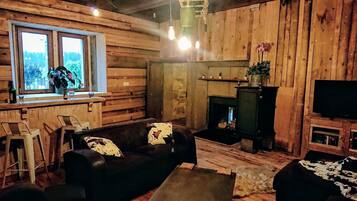 Televisión, chimenea, reproductor de DVD, mesa de ping pong