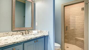 Combined shower/bathtub, hair dryer, towels, soap