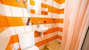 A bathroom with a white toilet, a sink, and a shower.