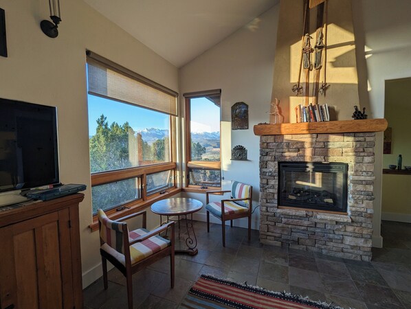 TV, fireplace, DVD player, books