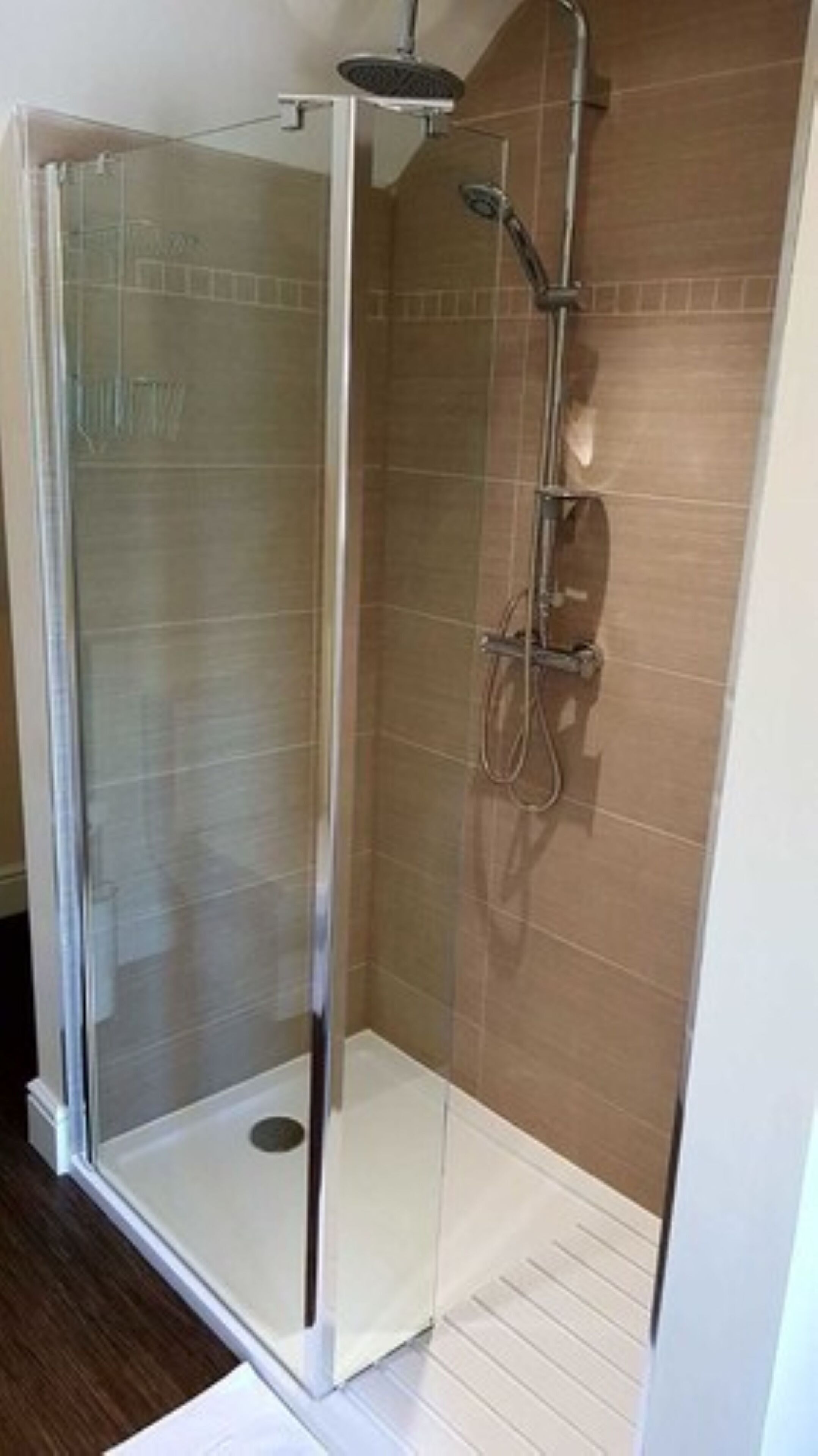 Cabina de ducha con mampara de vidrio, un cabezal de ducha y un rociador de mano.