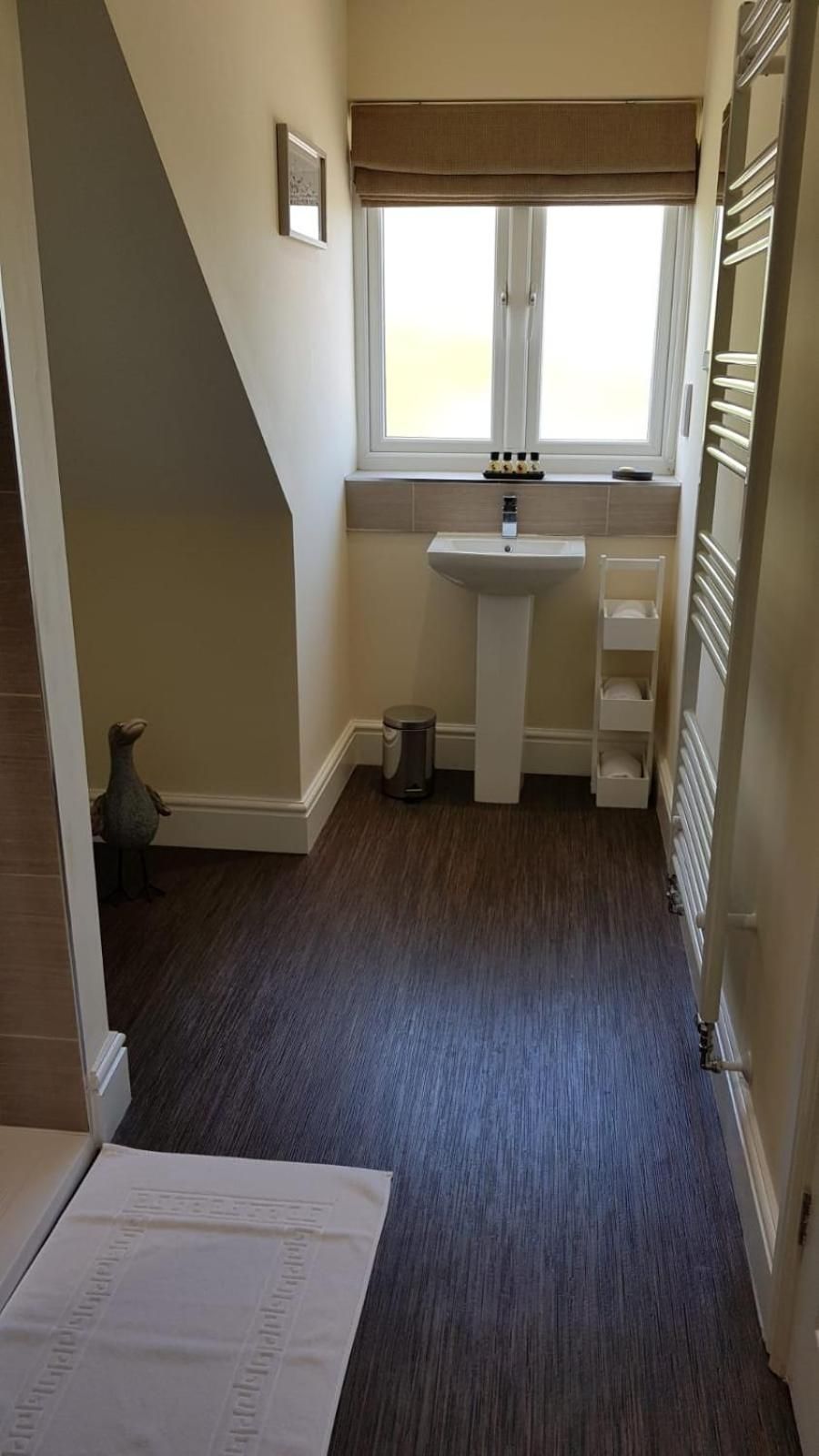 A narrow hallway with a window, a sink, and a trash can.