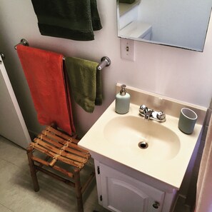 Ensemble douche/baignoire, sèche-cheveux, serviettes fournies, savon
