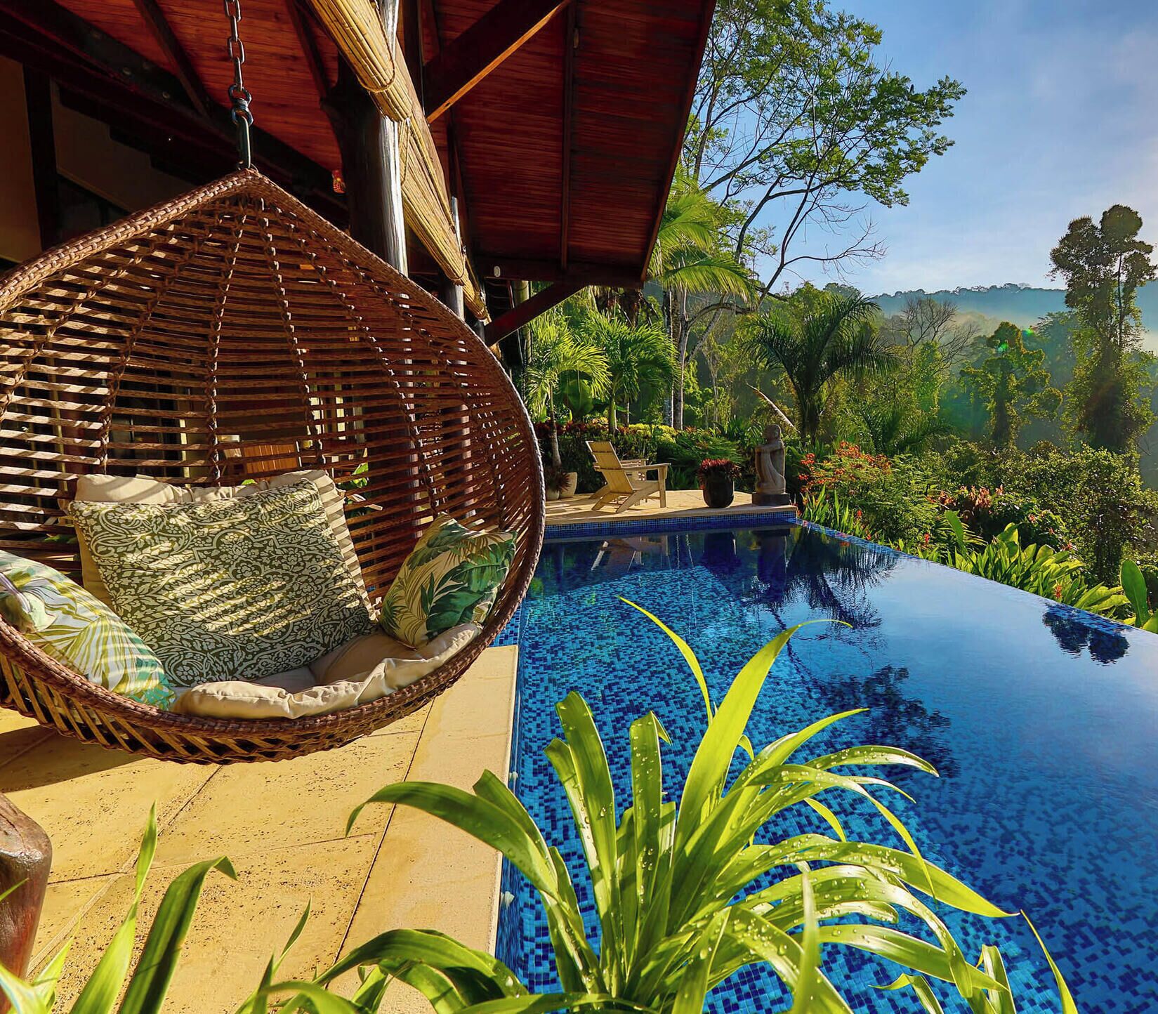 Una silla colgante con cojines, una piscina y abundante vegetación.