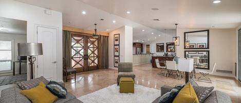 Smart TV, fireplace, offices, printers