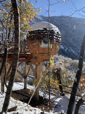 Una casa del árbol de madera con un ventanal circular, rodeada de árboles cubiertos de nieve y montañas al fondo.