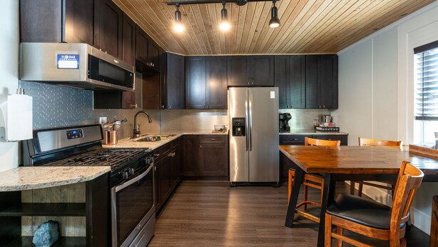 A modern kitchen with dark cabinets, stainless steel appliances, and a wooden ceiling. - Treehouse Suite: Walk DNTN | Lux Apt | Pet Welcome (Gainesville)