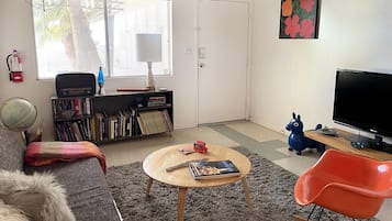 TV, DVD player, books, music library