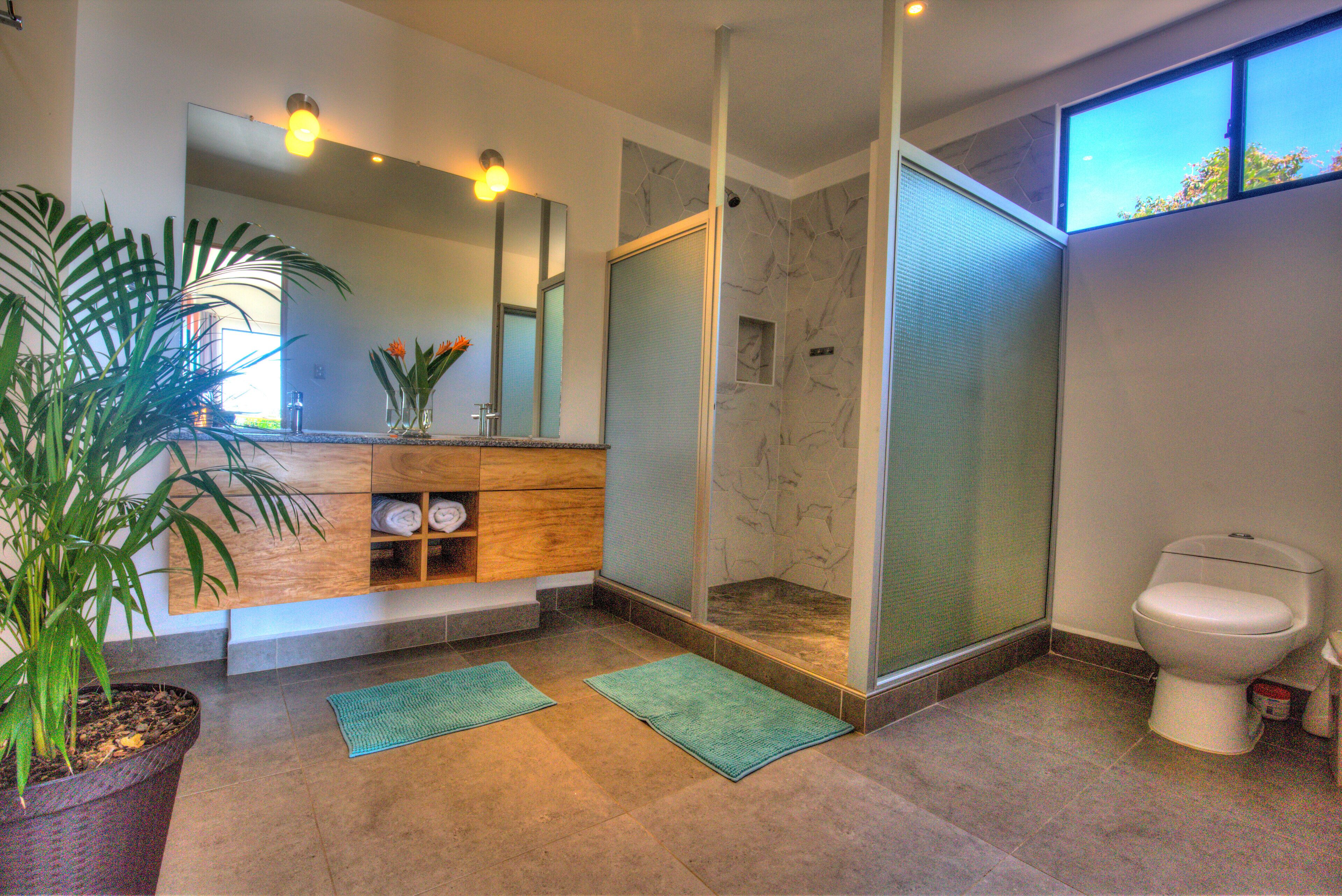Shower, towels, soap, toilet paper