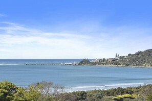 A coastal landscape with a pier extending into the sea, a hill with buildings, and dense greenery in the foreground. - Breakers 12 (Lorne)
