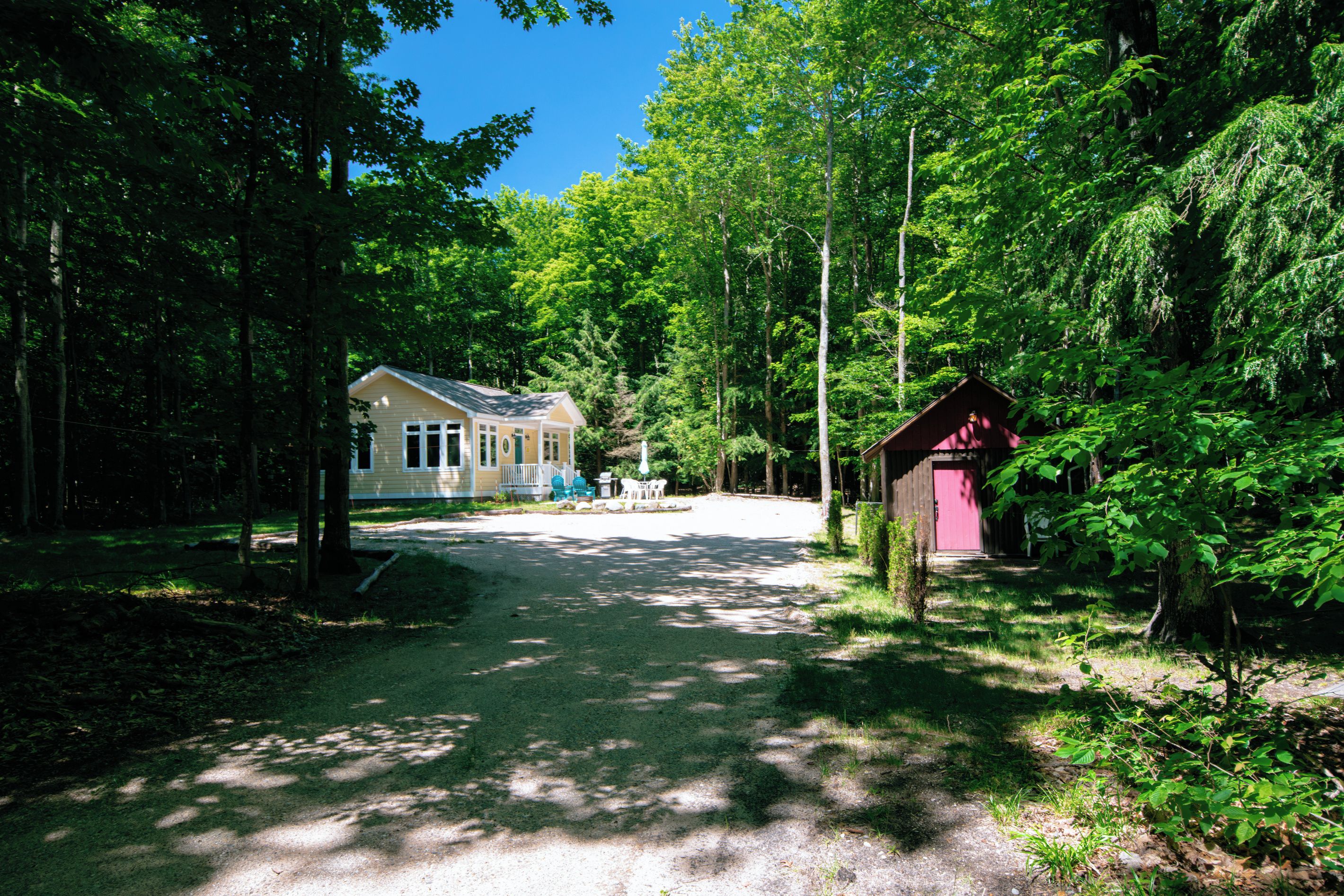 Une zone boisée avec un petit bâtiment et une remise.