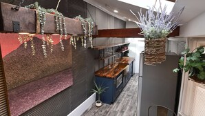A modern kitchen with a central island, wooden cabinets, and hanging plants.