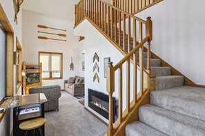 Smart TV, fireplace, video games, DVD player