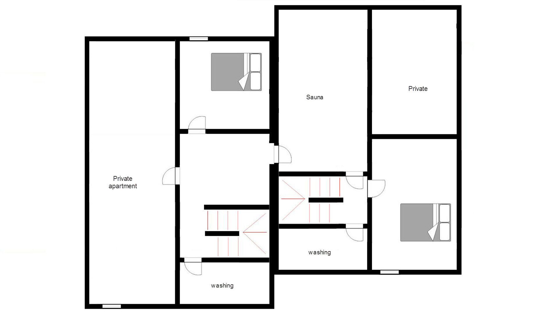 A floor plan with a private apartment, a sauna, and two washing areas.