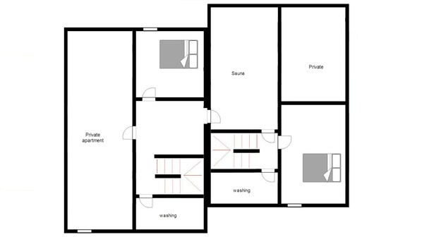 A floor plan with a private apartment, a sauna, and two washing areas. - Cozy, Spacious Chalet with Sauna and Fireplace (Les Allues)