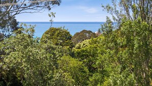 A coastal landscape with dense foliage and a clear view of the sea.
