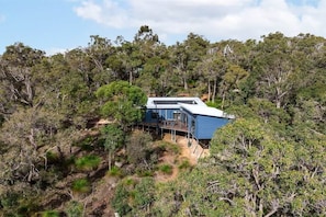 A house surrounded by dense forest, with a visible deck and a large window. - Big Rock Dreaming—Bush Retreat w/ Stylish Comforts (Quedjidup)