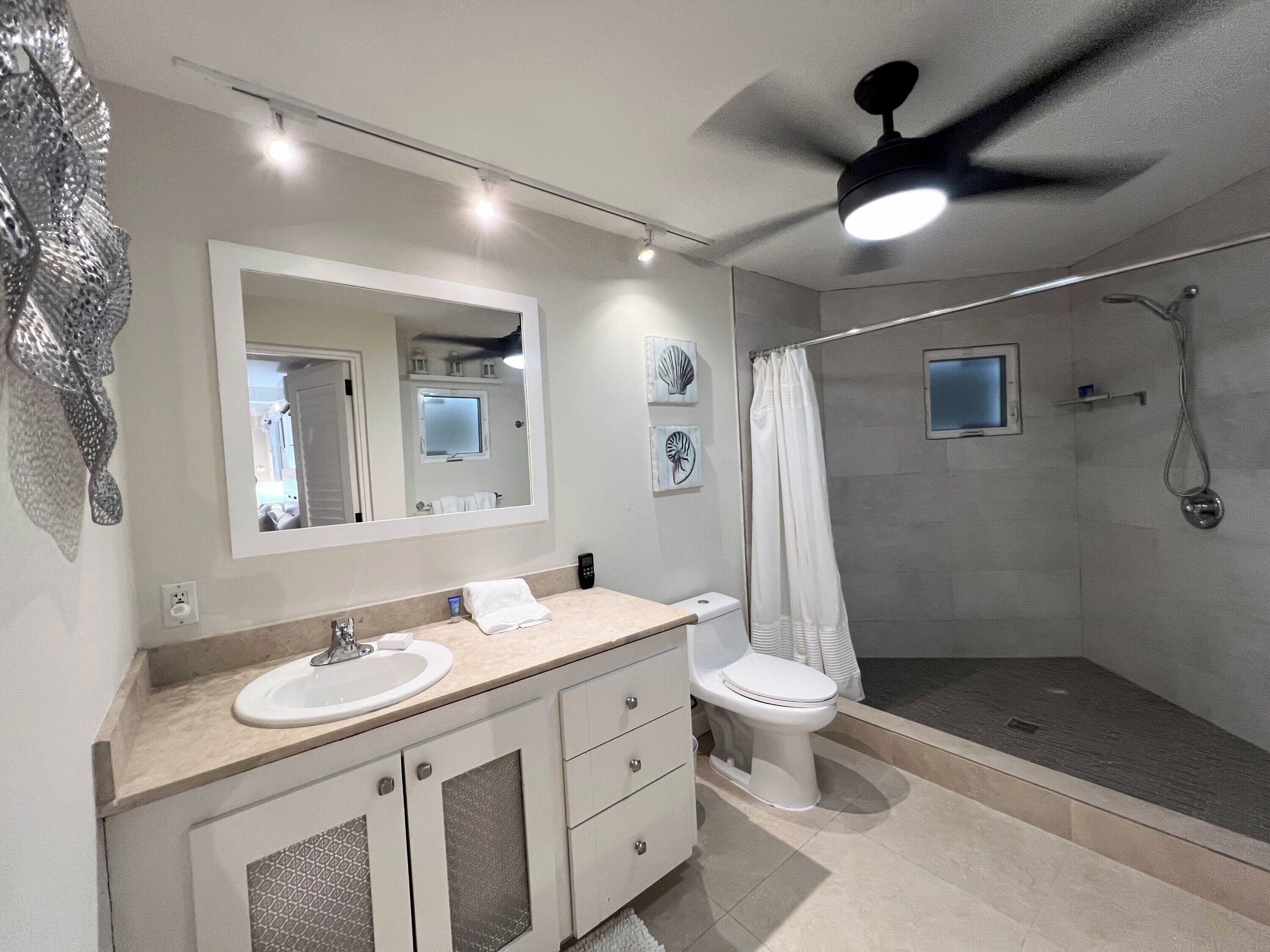 A modern bathroom with a vanity, sink, mirror, toilet, shower, and ceiling fan.