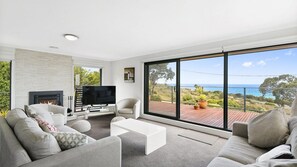 Fernseher, Kamin, DVD-Player, Musikbibliothek