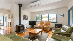 TV, fireplace, DVD player, books