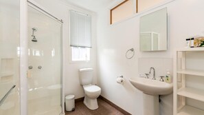 A bathroom with a glass shower enclosure, a toilet, a sink, and a mirror. - Sand, Surf & Sunshine (Anglesea)