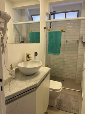 シャワー、タオル、トイレットペーパー