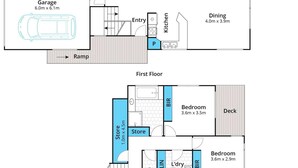 A floor plan with a garage, living room, balcony, dining area, kitchen, two bedrooms, a bathroom, and a store.