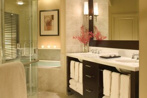 Hair dryer, towels, soap, shampoo