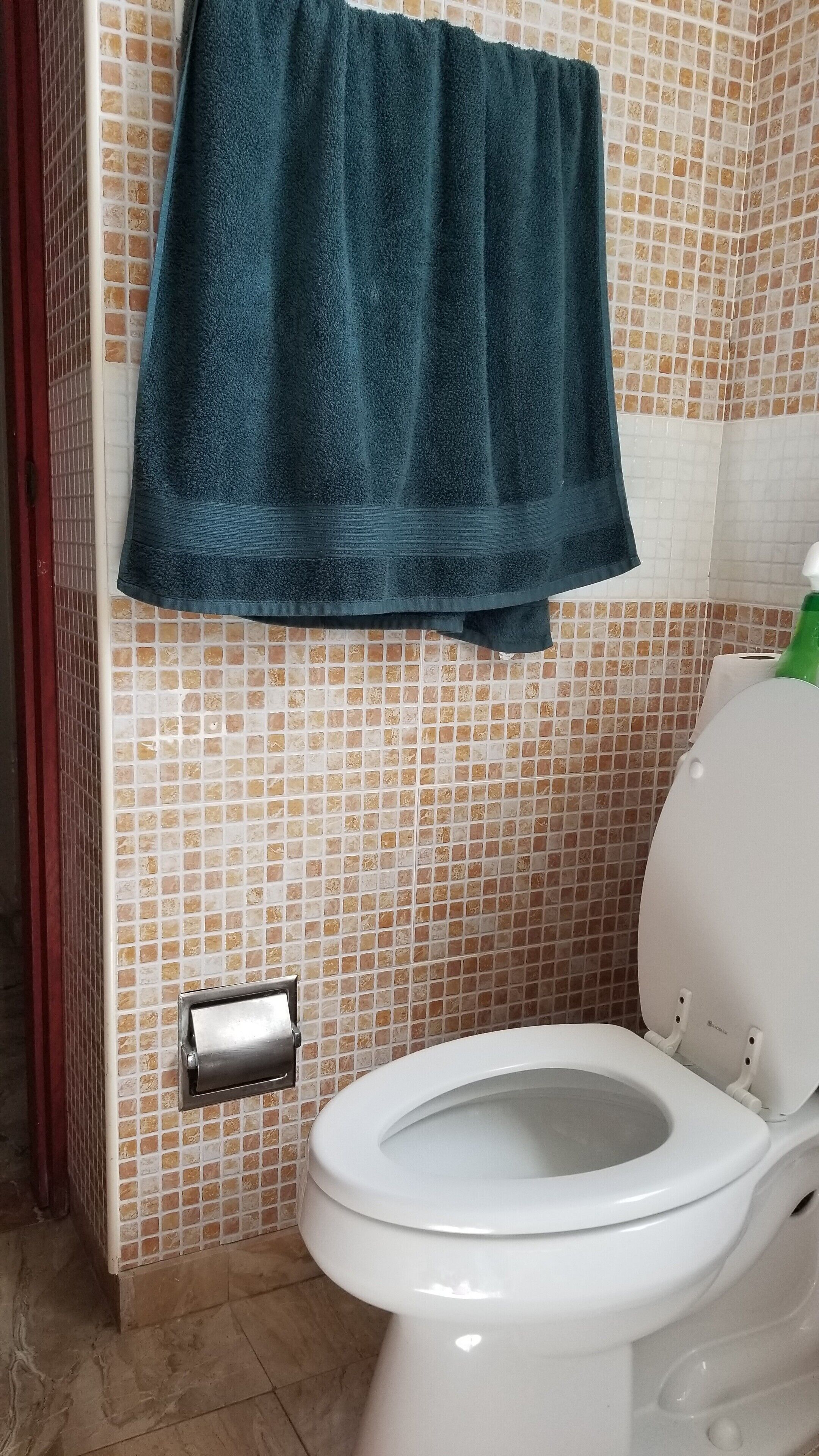 Casa de banho com parede revestida de azulejos, sanita branca e toalha pendurada na parede.