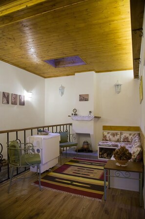 A cozy room with a wooden ceiling, a white radiator, a green chair, a sofa, a patterned rug, and a small table with a bowl. - Villa 4 Bed & Breakfast (Berat)