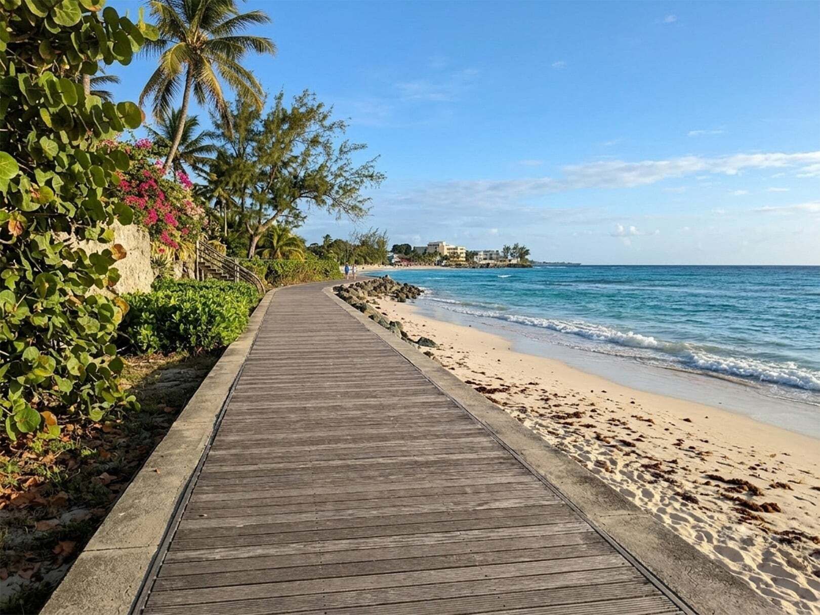 A wooden boardwalk leading to a sandy beach with palm trees and a clear blue sky.