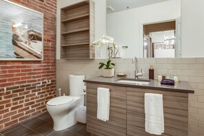 Shower, hair dryer, towels