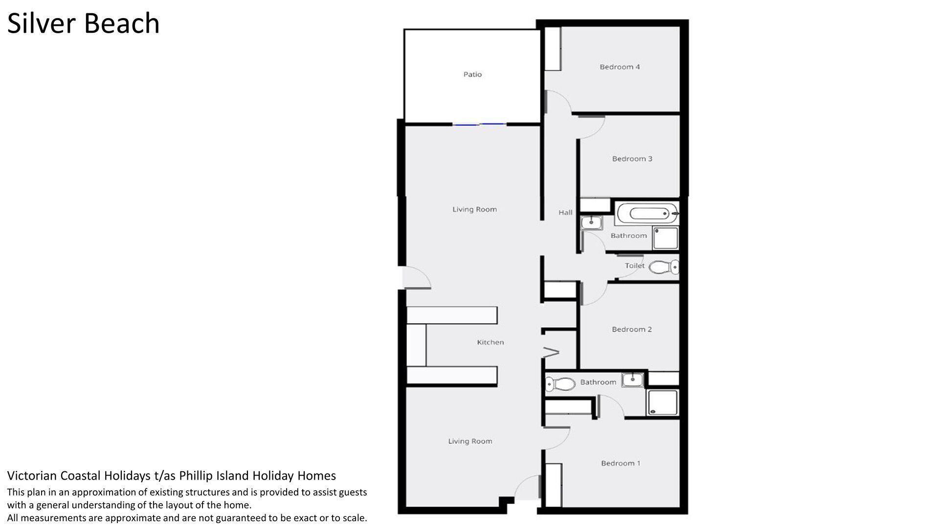 A floor plan of Silver Beach, including a patio, living room, kitchen, and three bedrooms.